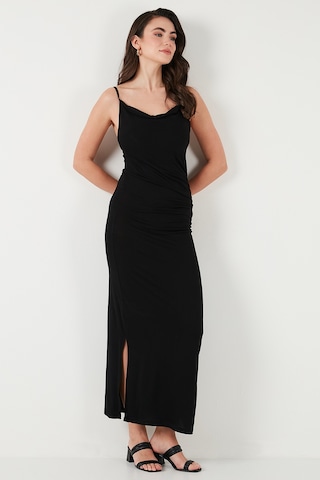 Lela Büzgü Detaylı Slim Fit Yırtmaçlı Uzun Boy Asimetrik Yaka Bayan Elbise 5866291 Siyah
