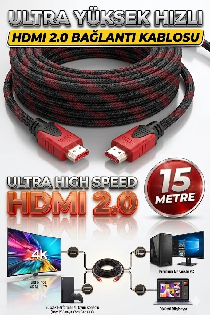 15 Metre 15m Hdmı Kablosu 1.4b 3d Full Hd 1080p Ara Bağlantı Erkek-erkek Modern Sargılı Örgülü Hdmi Görüntü Kablosu 001