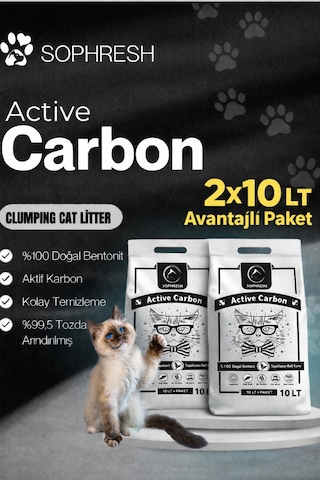 Sophresh Aktif Karbonlu Topaklanan Kedi Kumu 2x10 L %100 Doğal Bentonit, Güçlü Topaklanan