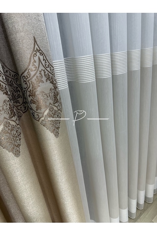 Tül Perde Bantlı Armür İzmir Desen Çift Renk Açık Bej Çok Renkli