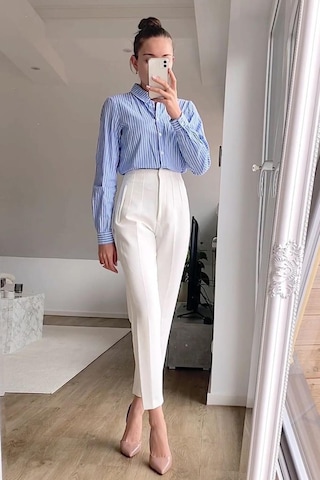 Madmext Beyaz Önü Biyeli Yüksek Bel Kadın Pantolon Mg2425 Beyaz