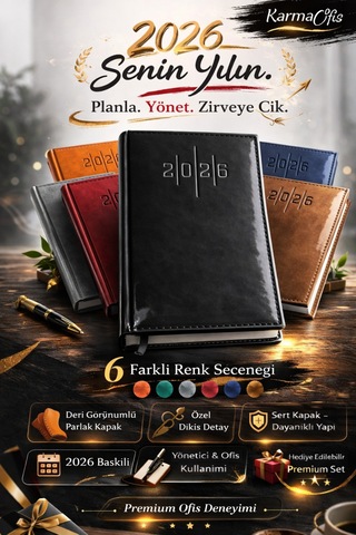 Siyah Premium Deri Görünümlü Ajanda 14x20 Cm 7 Renk Seçenekli Sert Kapak Yönetici Planlayıcı Siyah