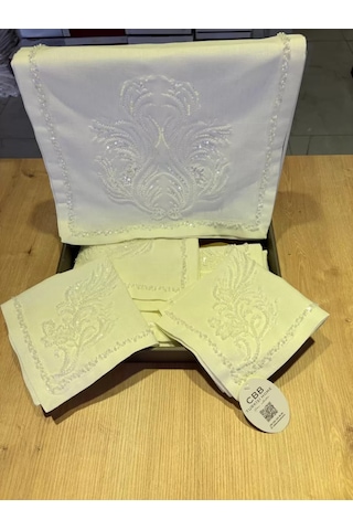 Storeşahin Salon Takımı Çeyizlik Krem Runner Seti 5 Parça Keten Ranır Masa Örtüsü Beyaz Boncuklu Lüx Set Shn0720