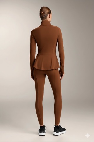 Gugus Kadın Light Warm Running Volanlı Fermuarlı Yüksek Yaka Spor Ceket Esnek Activewear Kahverengi