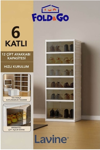 Piev Pratik 6 Katlı 12 Çift Ayakkabı Kapasiteli Mıknatıslı Çift Açılır Kapaklı Toz Geçirmez Ayakkabılık Beyaz Beyaz