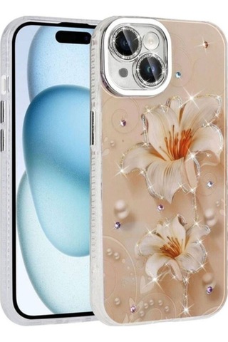 Apple Uyumlu iPhone 14 Kılıf Çiçek Desenli Parlak Taşlı Sert Silikon Zore Garden Kapak Pembe Açık