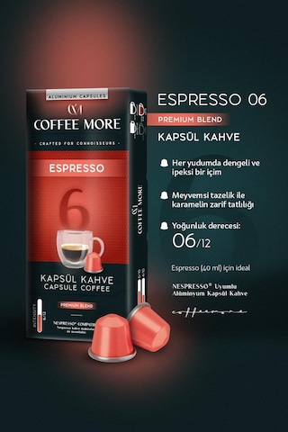 Coffee More 6 Espresso Kapsül Kahve 10 X 10 Paket 100 Adet Nespresso Uyumlu Kapsül Kahve