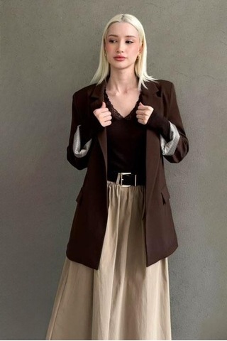 Seeh Kahverengi Kol Desenli Blazer Kadın Ceket Sh339
