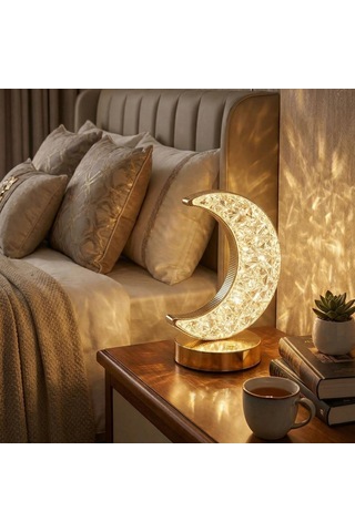 Hilal Ay Model Kristal Led Masa Lambası Dokunmatik, 3 Renk Işık Modlu, Şarjlı Mini Dekoratif Gece Lambası Beyaz
