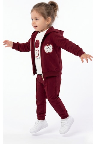 Toontoy Kids Toontoy Kız Çocuk 3'lü Eşofman Takımı Uzun Kollu Bisiklet Yaka Nakışlı T-shirt - Kapüşonlu Fermuarlı Hırka- Beli Paçası Lastikli Eşofman Altı 25040 Bordo