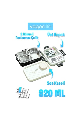 Vagonlife Lunch Box 820 Ml Tek Kat Üç Bölmeli Sos Kaseli Yeni Nesil Sefer Tası-fflbox10283 Siyah