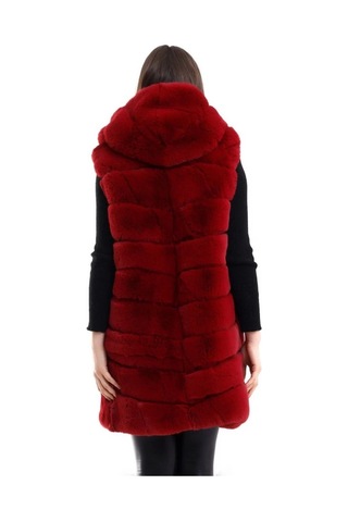 Kapşonlu Peluş Kürk Yelek Premium Kalite, Tam Astarlı, Uzun Model - Kırmızı Kırmızı