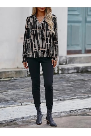 The İstanbul Kadın Uzun Kollu V Yakalı Desenli Dalgıç Bluz Siyah