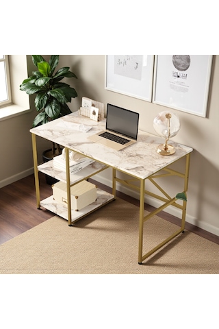 Robin Home Gold Metal Çalışma Masası Raflı 120cm Mermer Desen Mermer