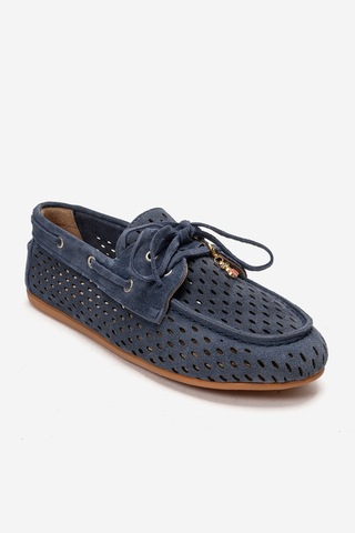Luvishoes Stevo Kot Mavi Süet Hakiki Deri Delikli Bağcıklı Kadın Loafer Ayakkabı