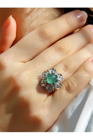 Esha Store Doğal Taş Yeşil Akik Doğal Taşlı Çiçek Model Telkari Kadın Ayarlanabilir Gümüş Kaplama Yüzük Euy61ya Yeşil