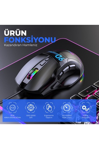 Mkespn X10 Rgb Gaming Mouse 12800 Dpı 9 Tuş Makro 1000hz Siyah Diğer