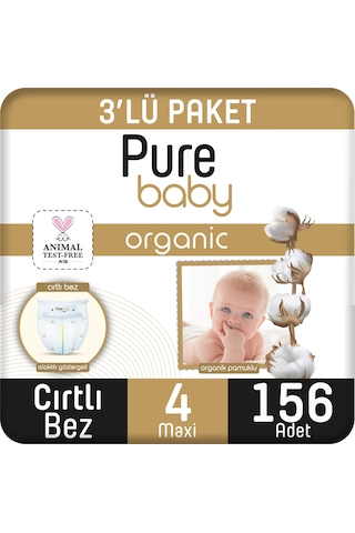 Pure Baby Organik Pamuklu Cırtlı Bez 3'lü Paket 4 Numara 156 Adet 3'lü
