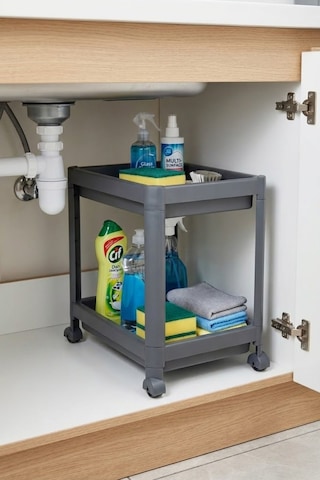 2 Katlı Tekerlekli Tezgah Altı Raf Düzenleyici Organizer, Banyo Lavabo Altı Düzenleyici "antrasit" Antrasit