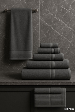 6 Parça Banyo Havlusu Seti Pamuklu 70x140 Cm Serenio Antrasit-Antrasit