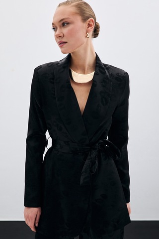 Sateen Şal Yaka Kuşaklı Ceket - Siyah-135681 Siyah