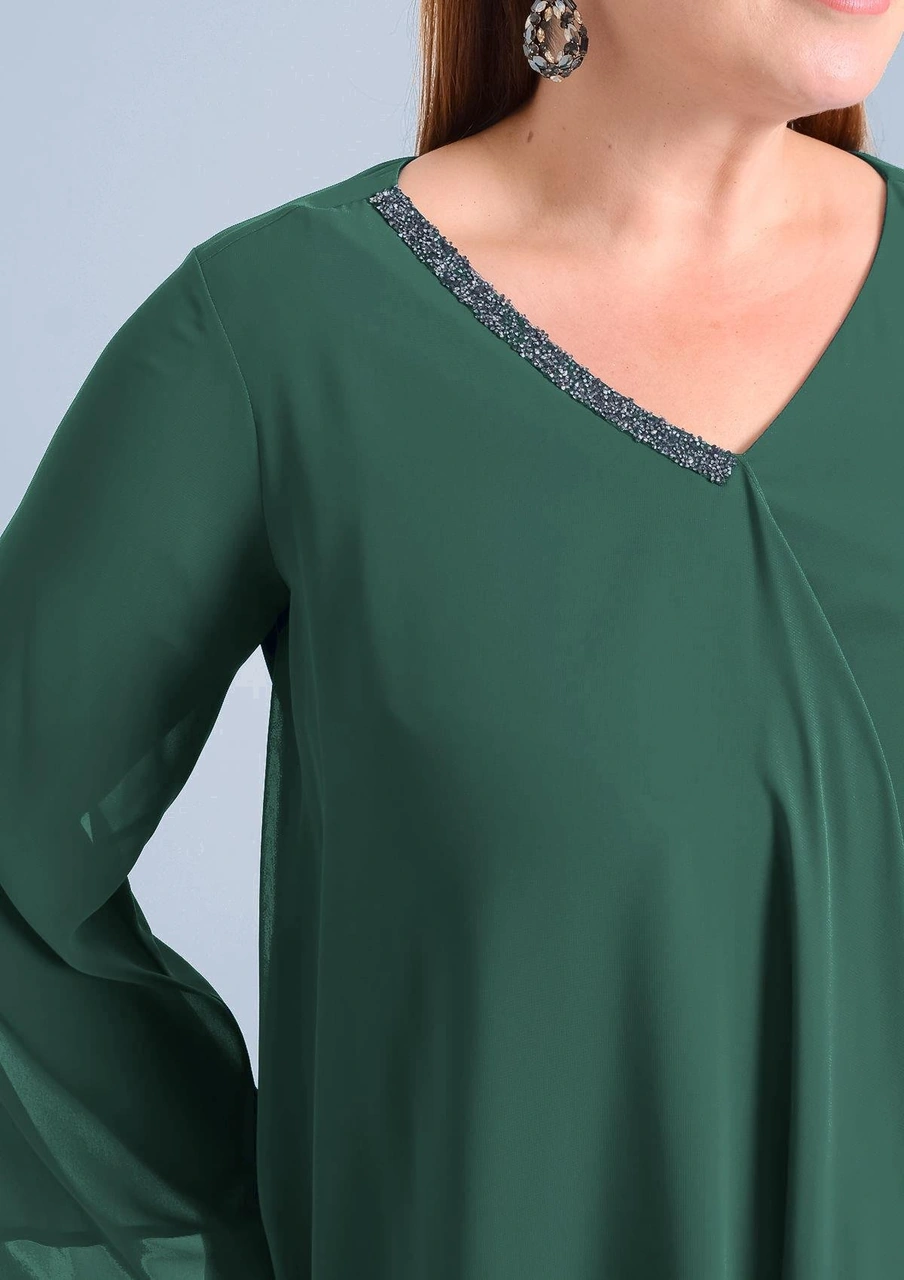 Lilas Xxl Büyük Beden Yeşil Renkli Şifon Abiye Bluz Yeşil
