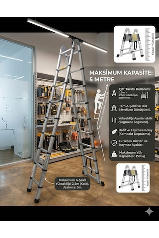 8+8 Basamaklı 2,5mt + 2,5mt 5mt Uzayan Çift Yönlü Teleskopik Alüminyum Merdiven 8+8 Basamaklı