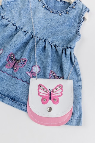 Babymod Kelebek İşlemeli Boncuklu Çanta Hediyeli Kız Bebek Kot Elbise Jean Jile Mavi