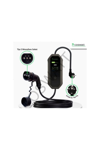 Coswatt Taşınabilir Şarj Cihazı 3.5 Kw / 16a / Tip-2 / Ev Tipi Schuko Fiş / 5m Kablolu / 220v Ac + Taşıma Çantası