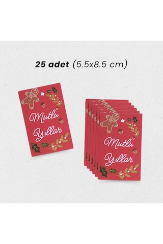 Yılbaşı Mutlu Yıllar Yazılı Hediye Kart Seti, Yeniyıl Paketleme Kartı, 25 Adet-5,5x8.5 Cm, Kırmızı