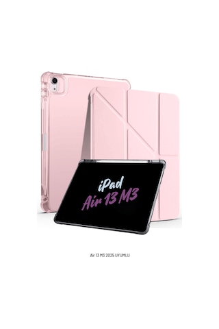 Apple Uyumlu iPad Air 13 İnç 2025 M3 Çip Kalem Bölmeli Standlı Akıllı Fuchsia Trifolding Tablet Kılıfı Kapaklı Kılıf