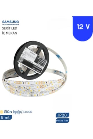 12 Volt 2835 Samsung 60 Led 3000 K Günışığı İç Mekan 5 Metre Şerit Led