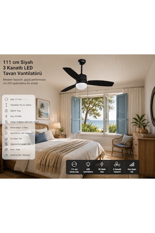 111 Cm Siyah 3 Kanatlı Led Tavan Vantilatörü 55 Watt Hız Ayarlı Modern Tasarım