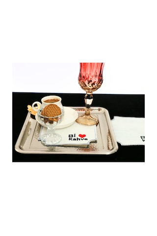 6'lı Gümüş Bi Kahve Desenli Linen Keten Kahve Yanı Sunum Peçetesi