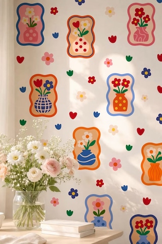 Renkli Çiçekli Vazo Duvar Sticker Seti 68 Parça, 9 Model, Çocuk Odası & Salon Dekorasyonu Dijital Baskı