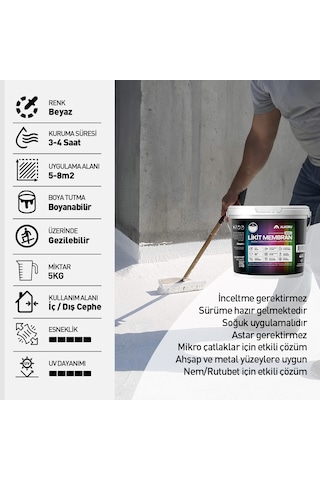 Alkoru 5 Kg Beyaz Likit Membran Renkli Reçine Esaslı