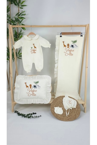 Gros Shop Müslin Yeni Doğan 4katlı Organik %100pamuk Kişiye Özgü Nakışlı Hastane Çıkış Seti Safari Model-3 Ekru