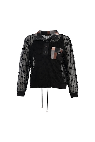 Vedi Oversize Uzun Kol Minimalist File Detaylı Kadın Bluz Siyah