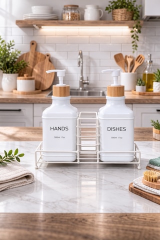Makri Home Stantlı Bambu Kapaklı İkili Cam Sıvı Sabunluk & Deterjanlık Seti 2 500 Ml, 22,5 8,5 24 Cm Beyaz