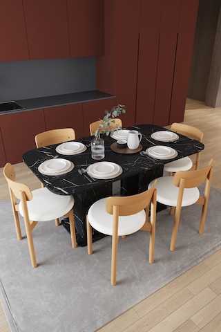 Modern Dolaplı 6 Kişilik Mutfak Yemek Masası Ve Sandalye %100 Mdf Mutfak Yemek Odası Masası Takımı Ymt06 Royal Mermer