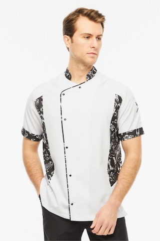 Uniprom Kısa Kollu Aşçı Ceketi Önlük Nakışlı Cepli Şef, Garson Beyaz-siyah