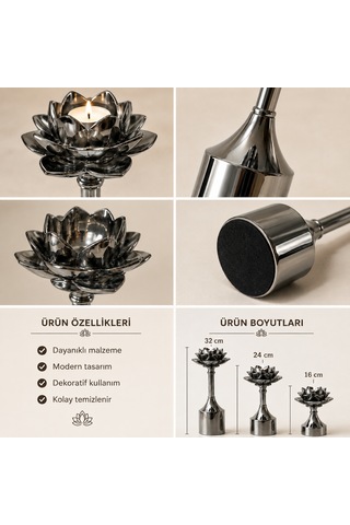 Lotus Çiçeği Metal Şamdan Mumluk 3'lü Dekoratif Set Gümüş