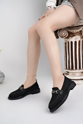 Muggo Sakura Metal Tokalı Triko Kadın Loafer Günlük Makosen Ayakkabı Siyah
