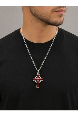 Unisex Gotik Haç Kolye Kırmızı Gri Gümüş Vintage Cross Kolye, Retro Zincir Kolye, Kadın Erkek Punk Kolye