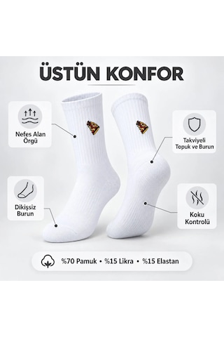 S'82 Unisex Çorap Beyaz Nakışlı 3'lü Set Pizza Hotdog Hamburger Desenli Uzun Soket Günlük Spor Çorap Seti