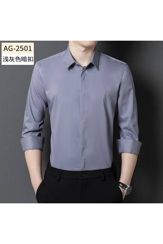 Erkekler İçin Gizli Düğmeli, Uzun Kollu, Tek Renkli, Esnek İş Kıyafeti Gömlek Açık Gri