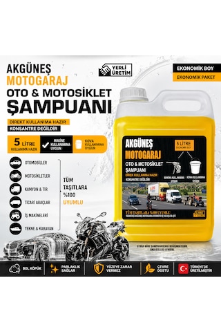 Akgüneş Motogaraj 5 Litre Oto Ve Motosiklet Şampuanı Direkt Kullanıma Hazır Makine Ve Kova Kullanımına Uygun Yerli Üretim Tüm Taşıtlara Uyumlu Ekonomik Boy