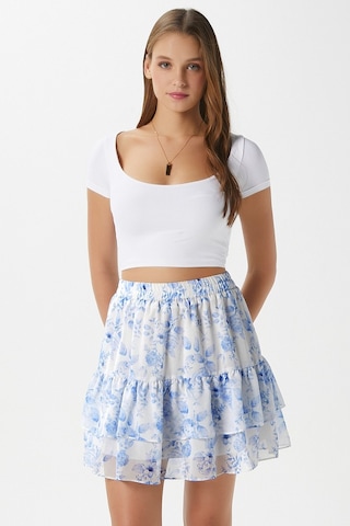 Kadın Juliet Mavi Çiçekli Astarlı Volanlı Mini Şifon Dokuma Etek