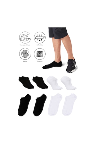 Saysez Bambu Erkek Sneaker Siyah-beyaz Çorap Dikişsiz Görünmez Bilek 4lü Siyah - Beyaz