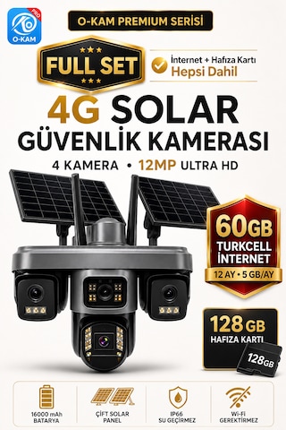 O-kam 335set3 12mp 4 Kameralı 4g Çift Solar Panel Gece Görüş 60gb 12ayx5gb Turkcell +128gb Hafıza